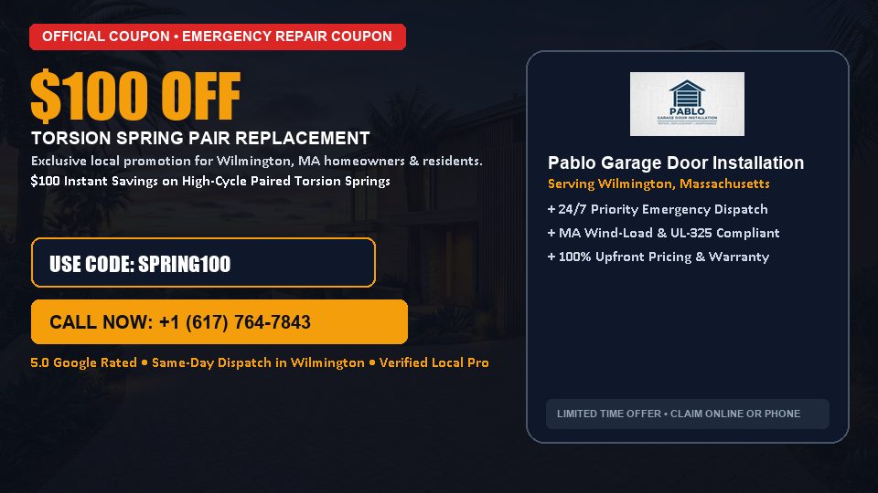 $100 OFF Dual High-Cycle Torsion Spring Replacement in Wilmington, MA - Pablo Garage Door Installation