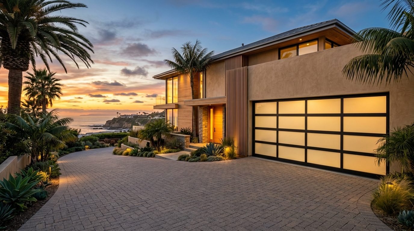 Pablo Garage Door Installation Exterior Closed Garage Door at Twilight